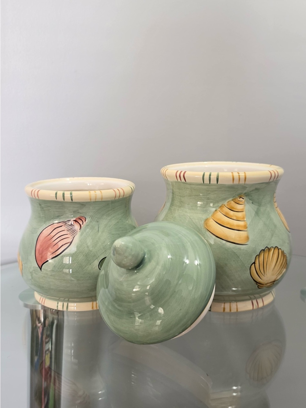 Two Young's Heartfelt Kitchen Creations Green Ceramic Canister with Shell Motif